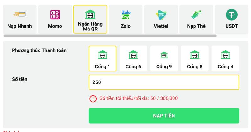 Nạp tiền qua ngân hàng bằng mã QR