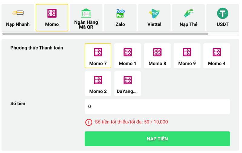 Nạp tiền qua ví điện tử (MoMo, ZaloPay, ViettelPay)